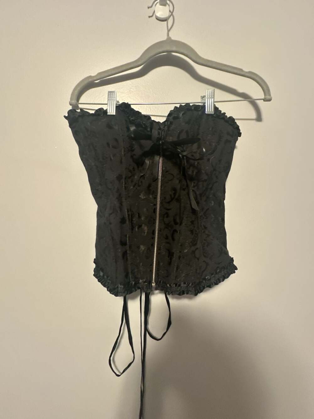 Tictoc Black Lace Satin Zipper Front Overbust Corset with Back Lace Up Back